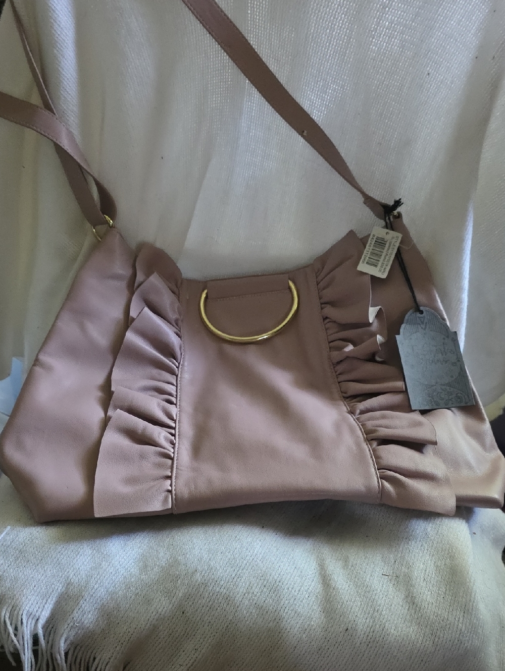 Ruffled Shoulder Bag in Dusty Pink with Gold Accent